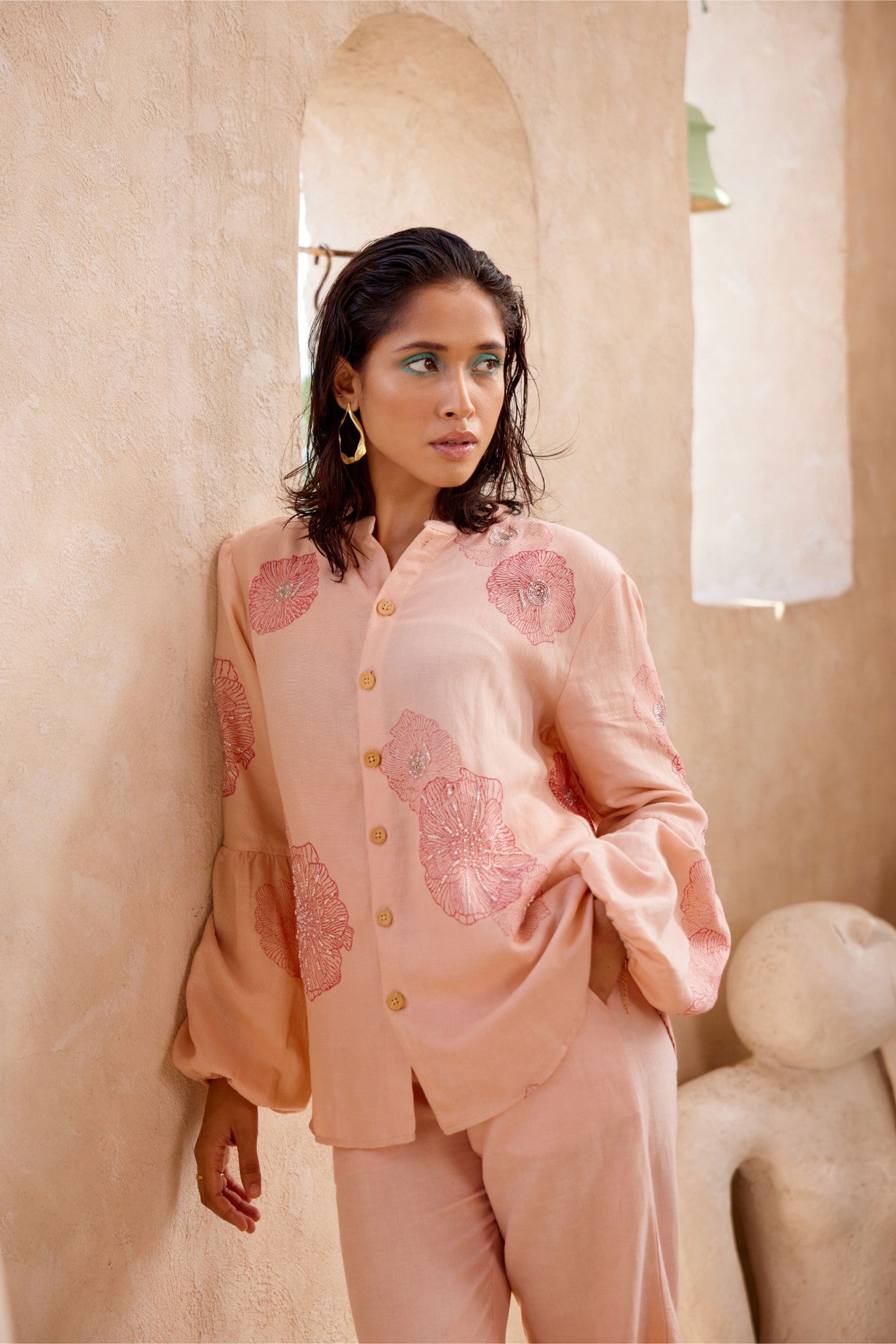 Marine Embroided Linen Shirt Set