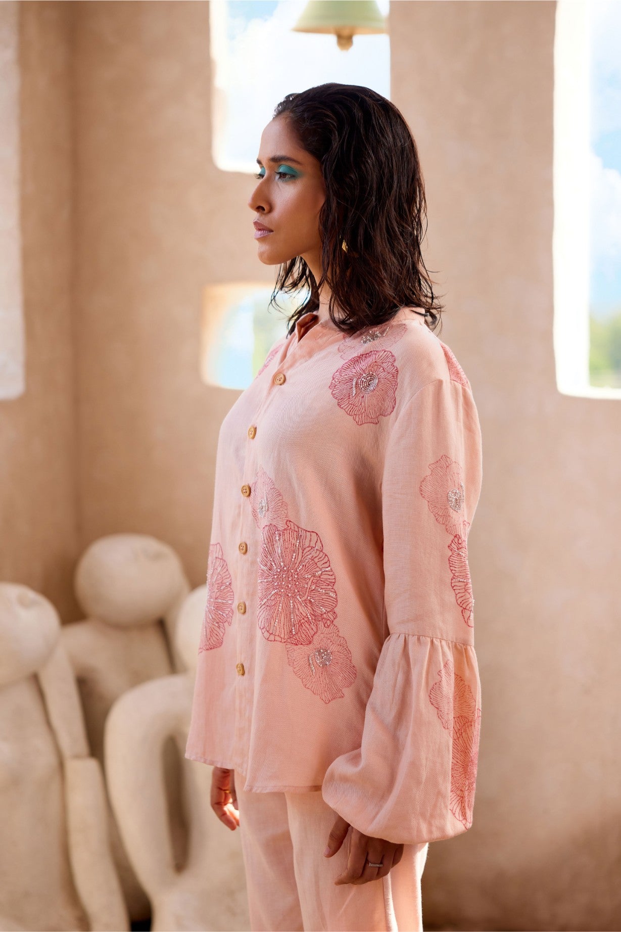 Marine Embroided Linen Shirt Set