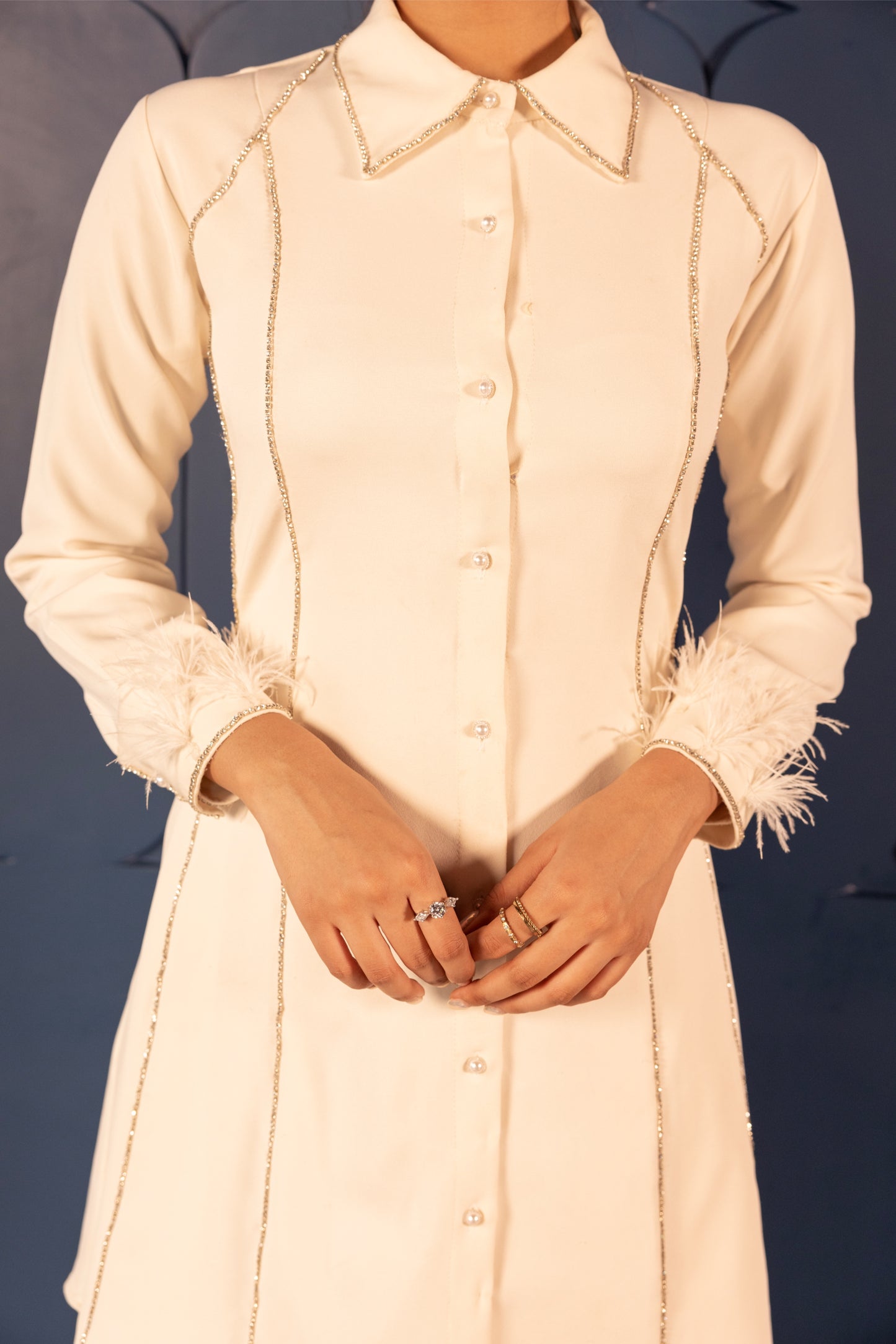 White Shirt Dress with Feather Cuff