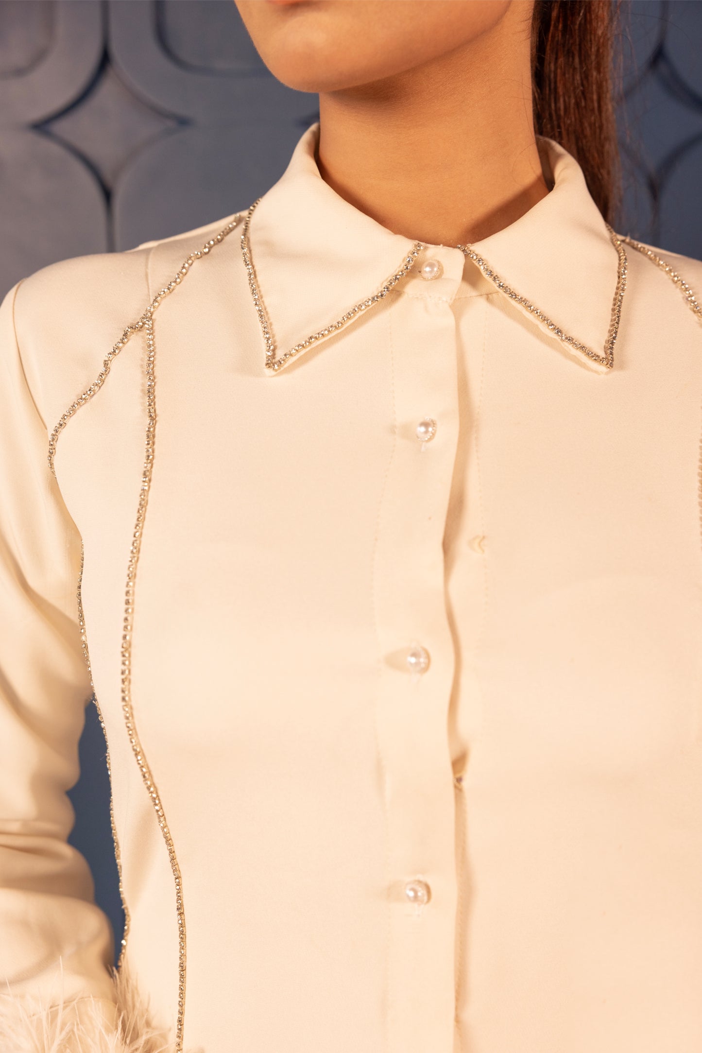 White Shirt Dress with Feather Cuff