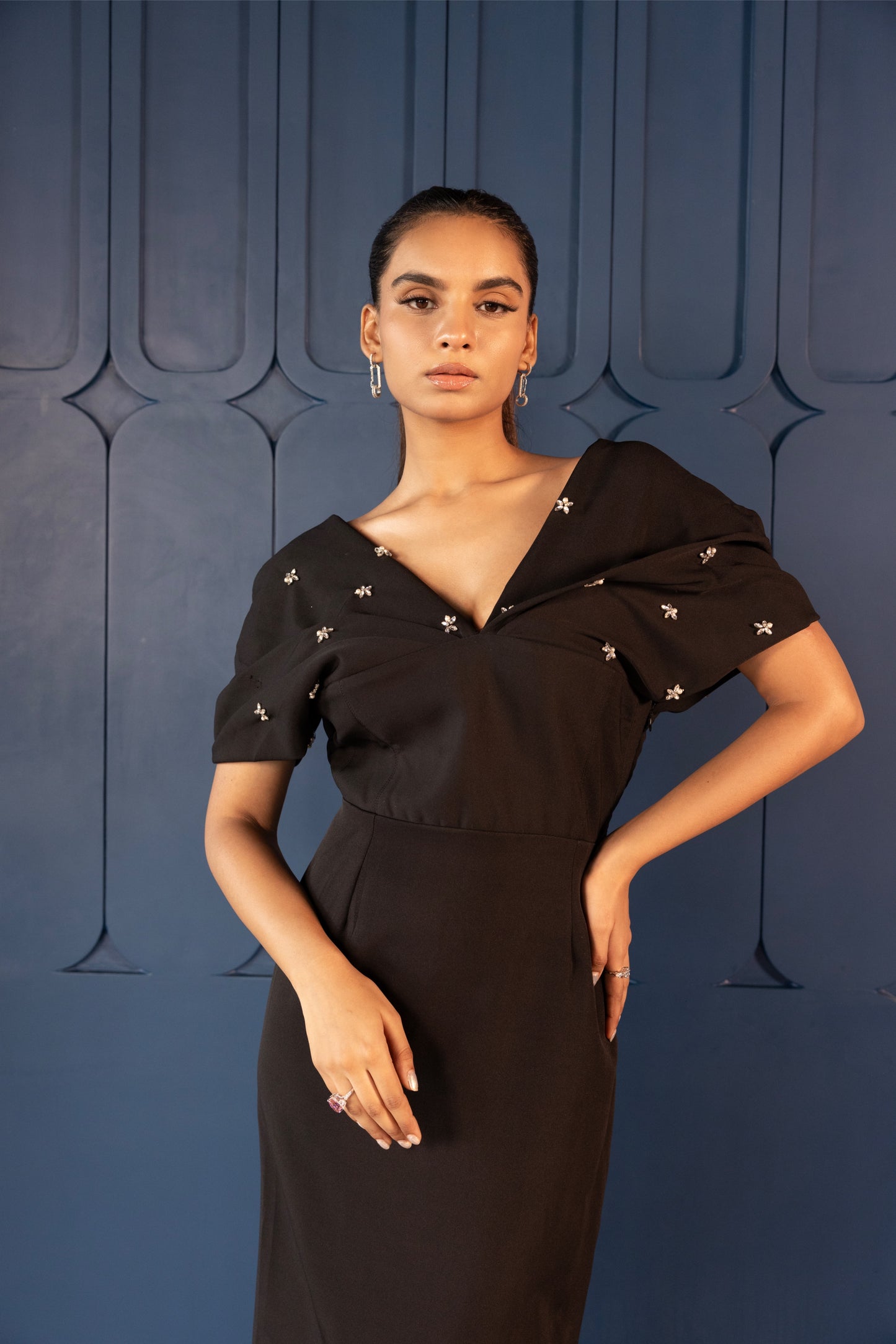 Dress with Embellished  Puff Sleeves