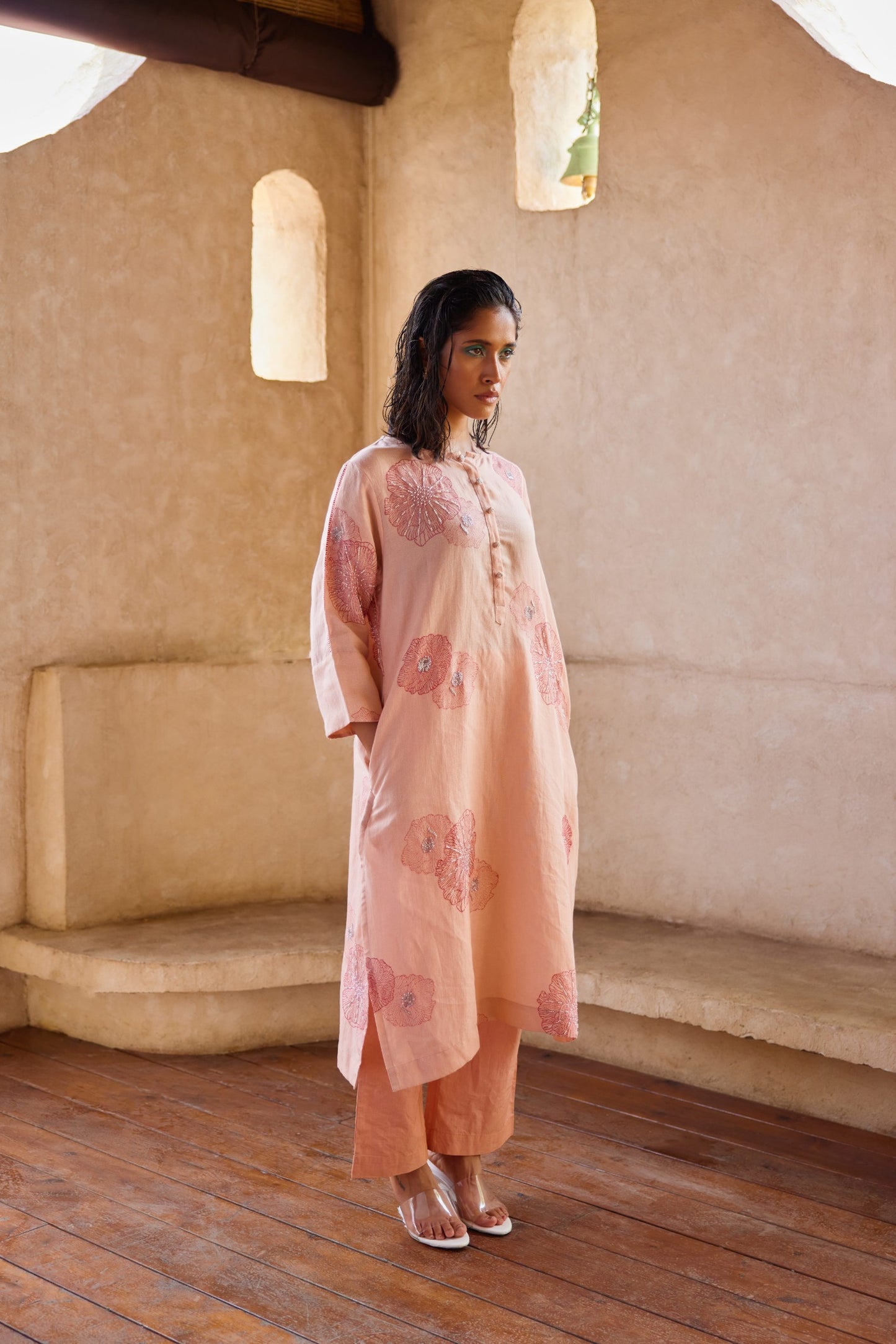 Marine Embroided Linen Kurta Set