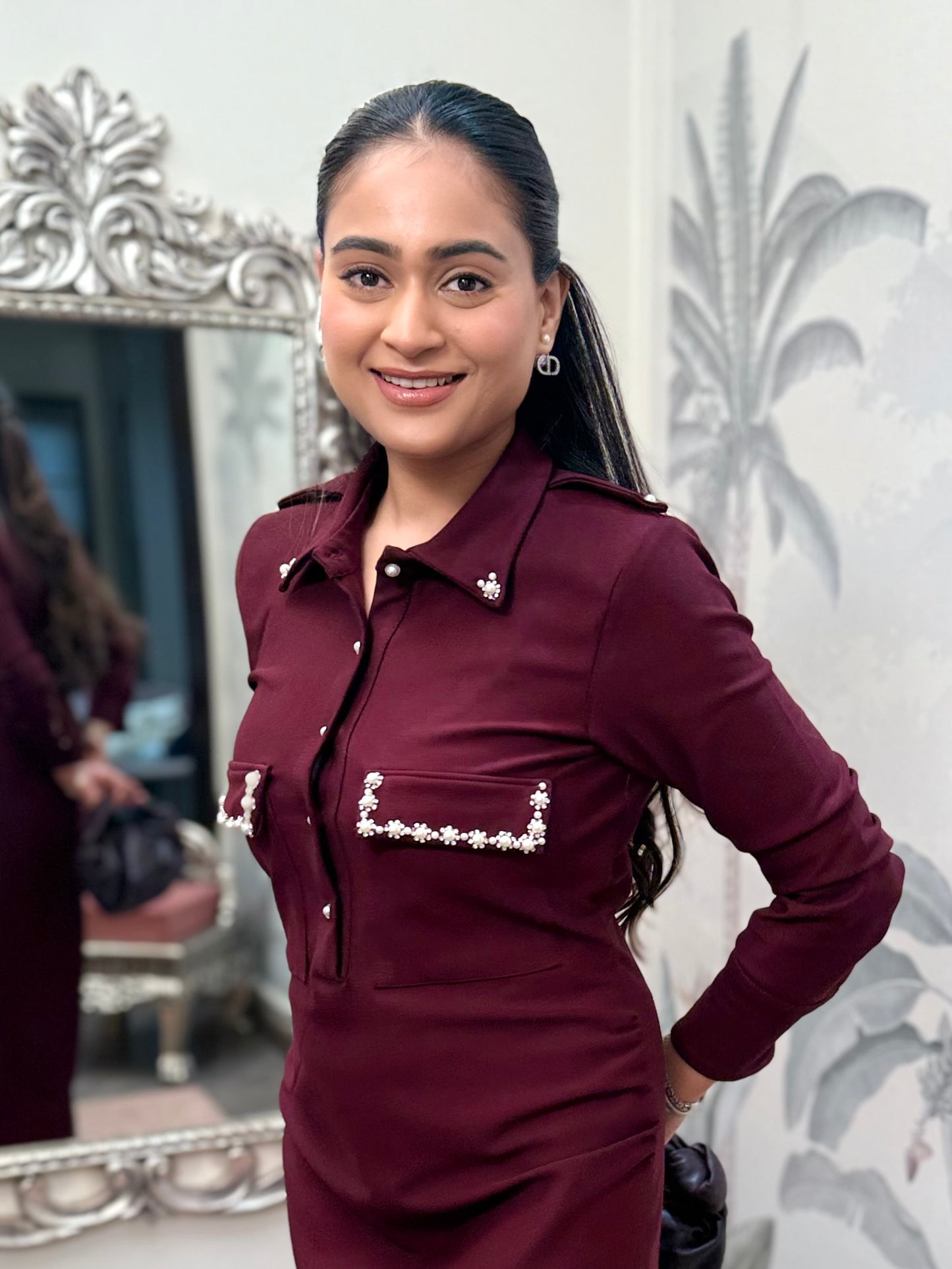 Pearl Trim Power dress-Wine