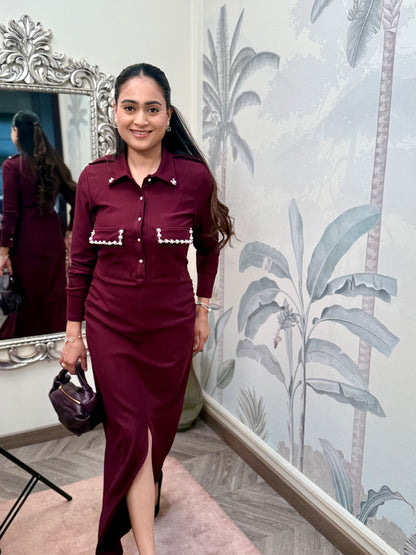 Pearl Trim Power dress-Wine