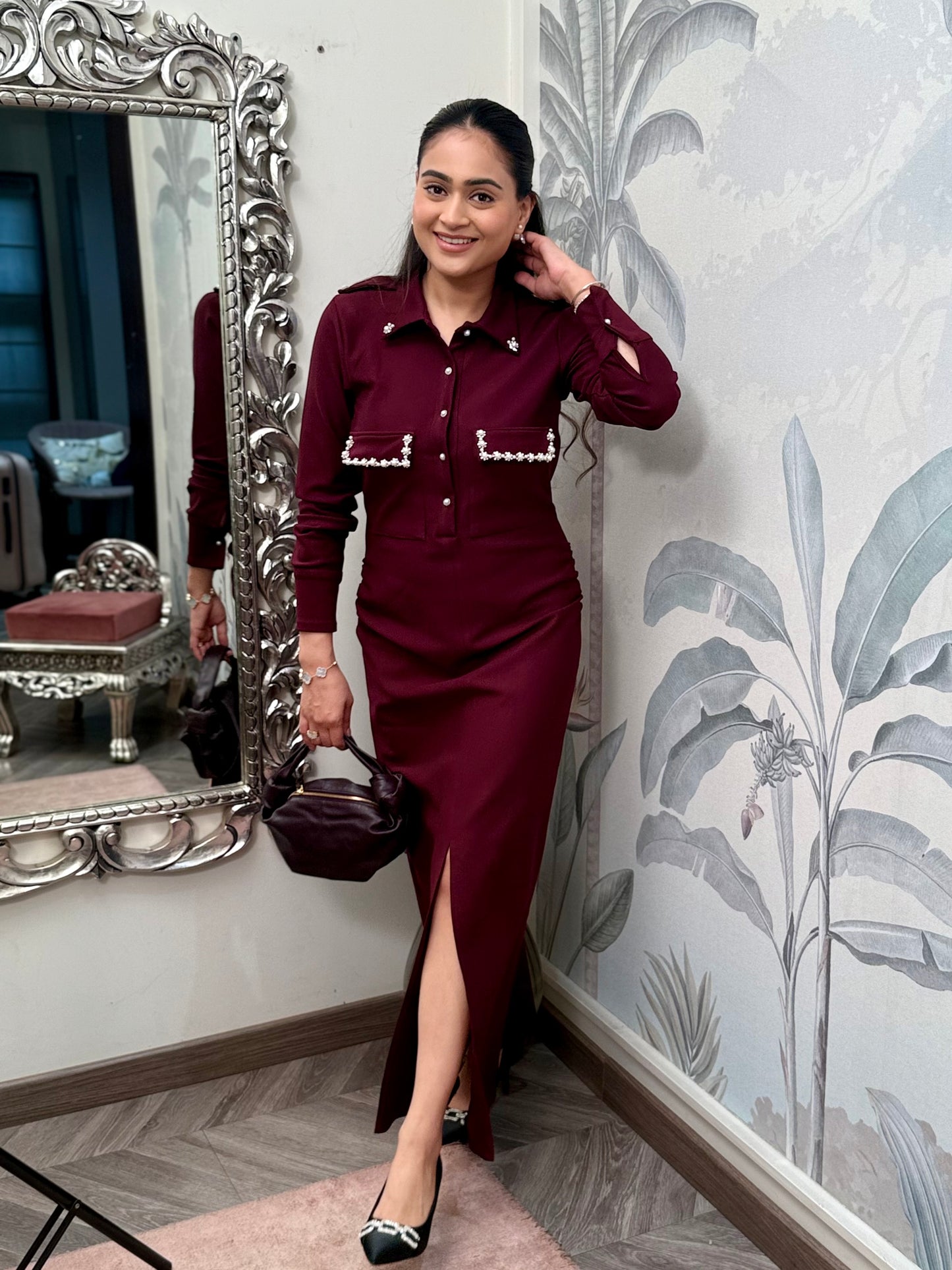 Pearl Trim Power dress-Wine