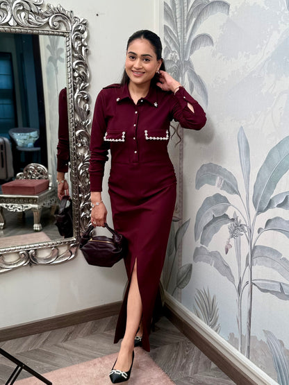 Pearl Trim Power dress-Wine