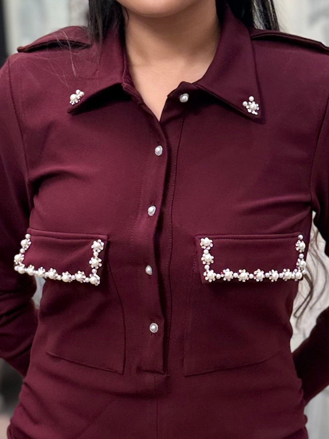 Pearl Trim Power dress-Wine