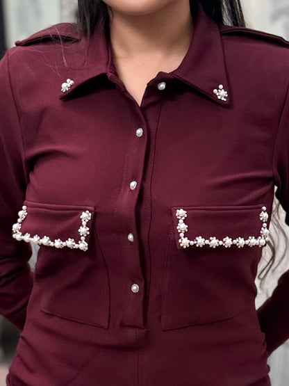 Pearl Trim Power dress-Wine