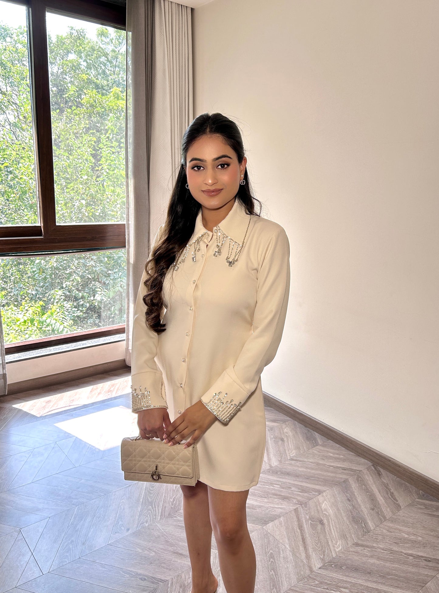 White Shirt Dress with Beaded Collar and Cuff