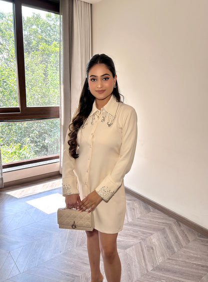White Shirt Dress with Beaded Collar and Cuff