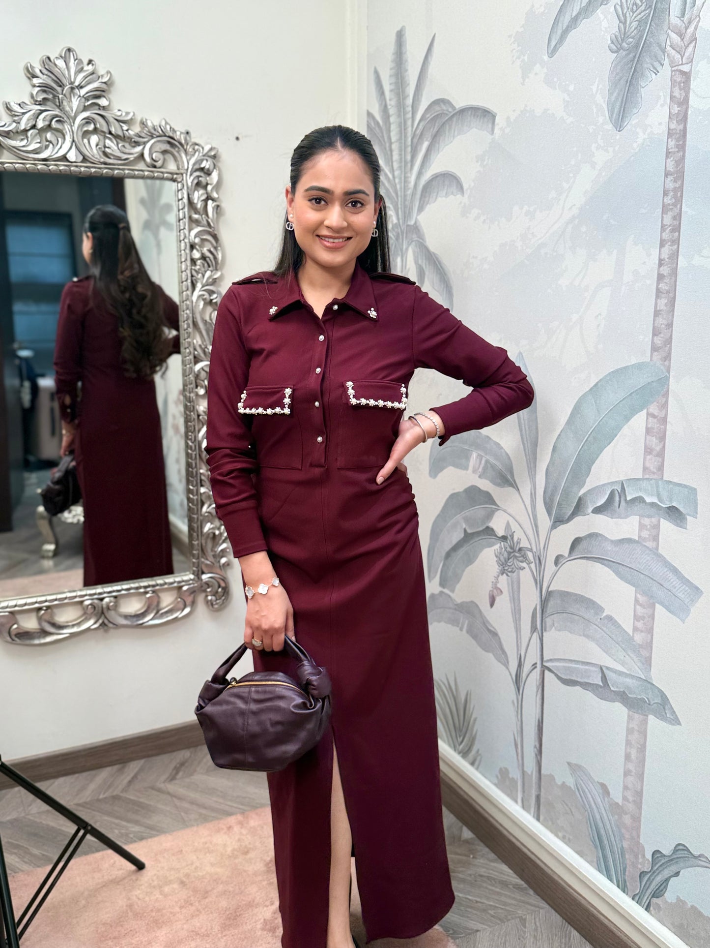 Pearl Trim Power dress-Wine