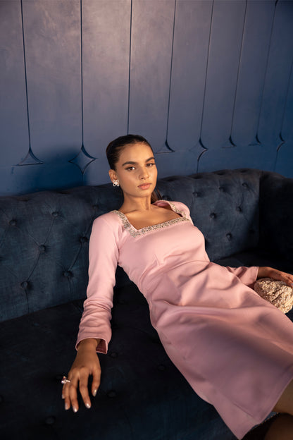 Baby Pink Square-Neck Dress with Embellished Neckline
