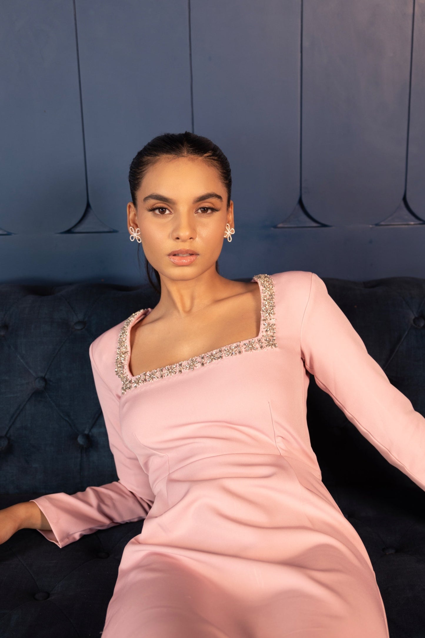 Baby Pink Square-Neck Dress with Embellished Neckline