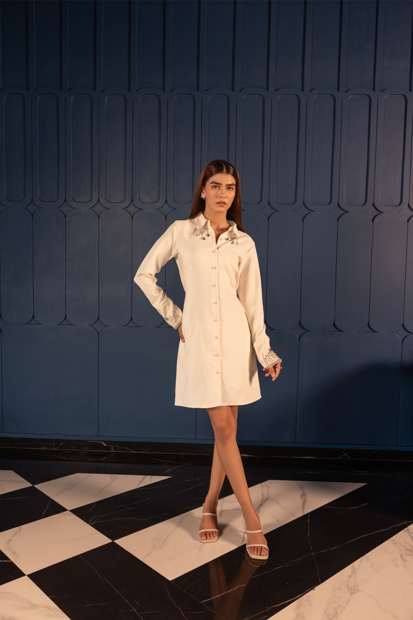 White Shirt Dress with Beaded Collar and Cuff