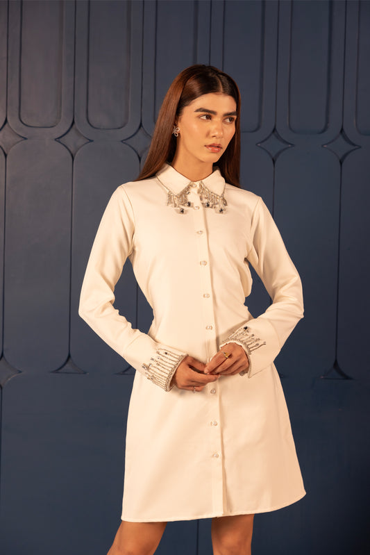 White Shirt Dress with Beaded Collar and Cuff