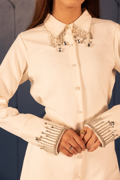 White Shirt Dress with Beaded Collar and Cuff