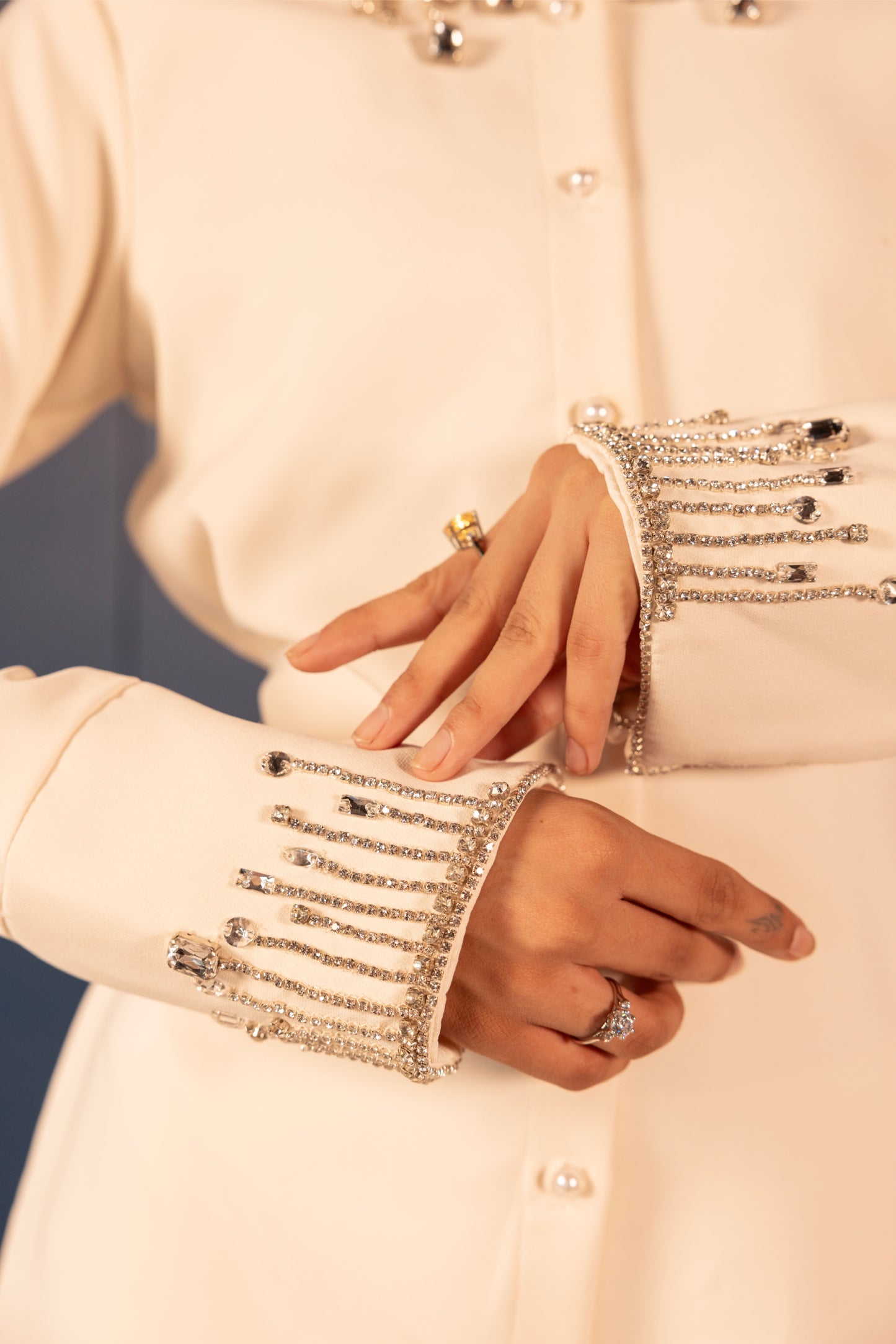 White Shirt Dress with Beaded Collar and Cuff