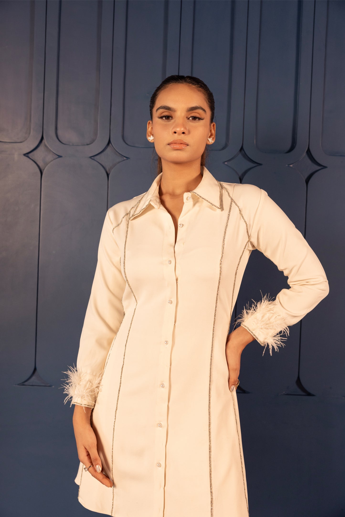 White Shirt Dress with Feather Cuff