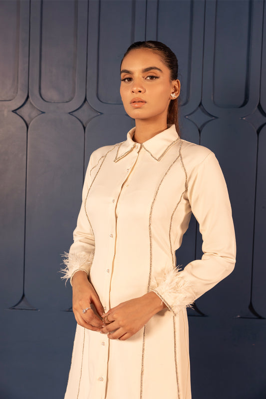 White Shirt Dress with Feather Cuff