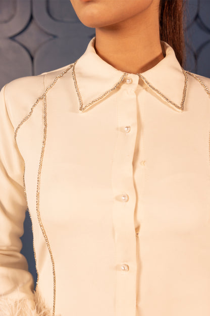 White Shirt Dress with Feather Cuff