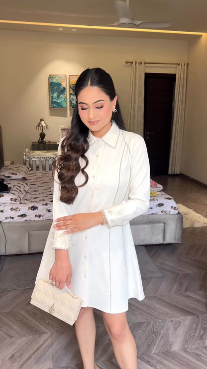 Founder in- White Shirt Dress with Feather Cuff